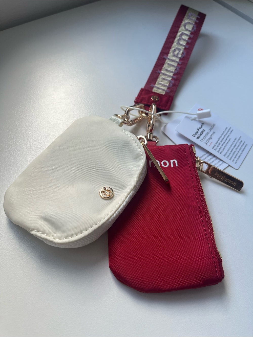 lululemon Red & Ivory white double Pouch Wristlet Gold Hardware keychain - Picture 5 of 5